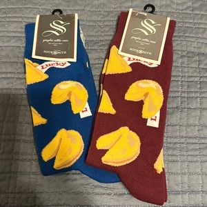 Two pair men’s SockSmith Lucky Fortune Cookie Socks, 1 blue pair, 1 maroon pair